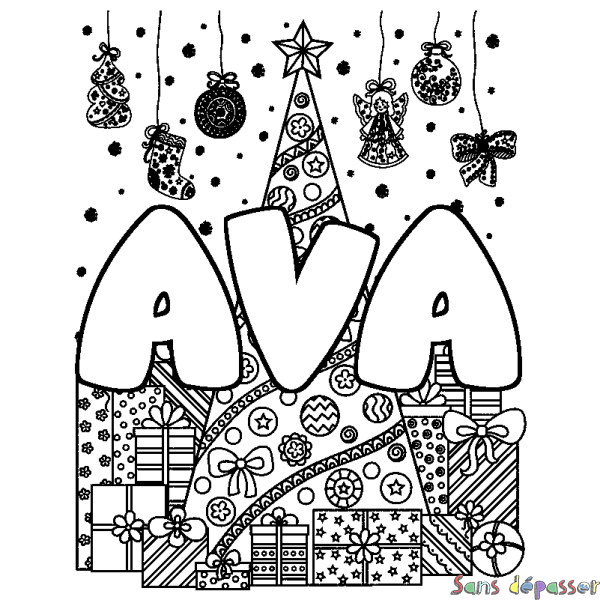 Coloriage pr&eacute;nom AVA - d&eacute;cor Sapin et Cadeaux