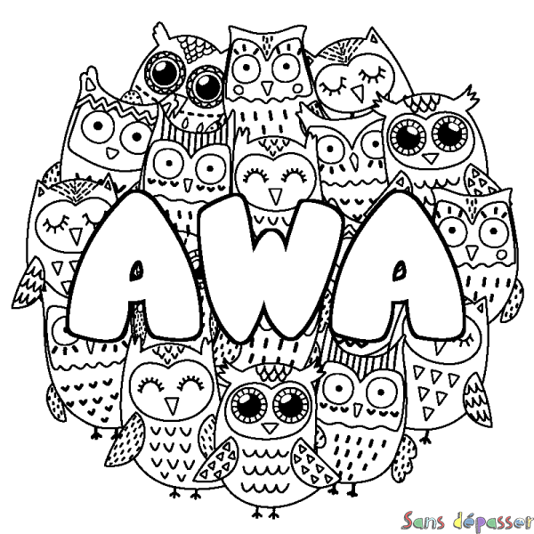 Coloriage pr&eacute;nom AWA - d&eacute;cor Chouettes