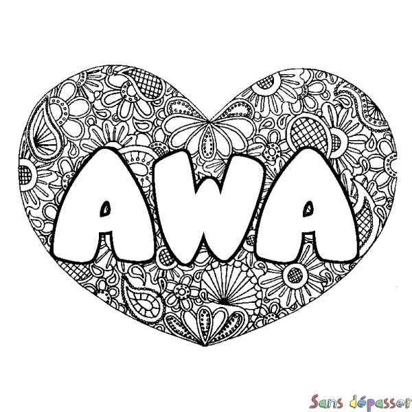 Coloriage prénom AWA - d&eacute;cor Mandala coeur