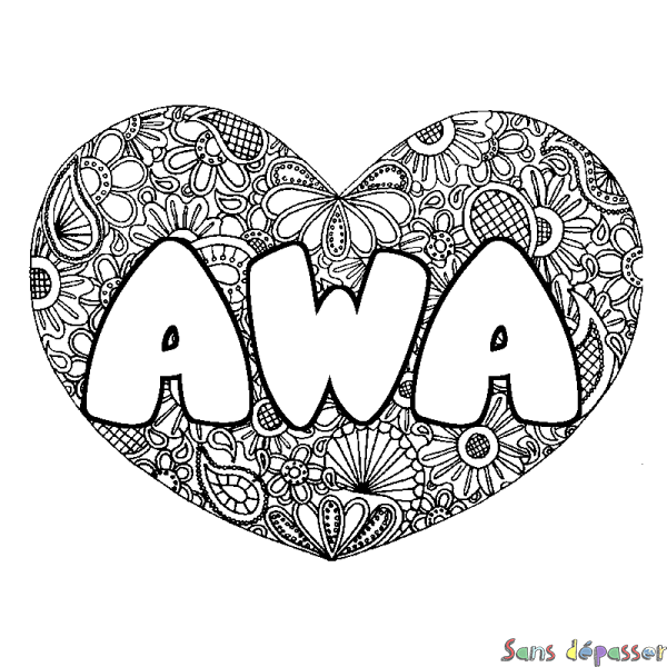 Coloriage pr&eacute;nom AWA - d&eacute;cor Mandala coeur