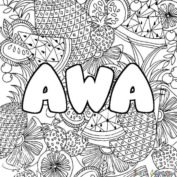 Coloriage pr&eacute;nom AWA - d&eacute;cor Mandala fruits