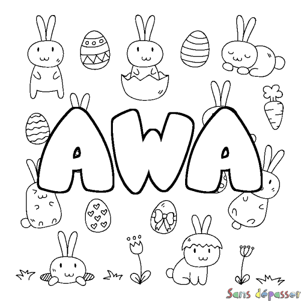 Coloriage pr&eacute;nom AWA - d&eacute;cor Paques