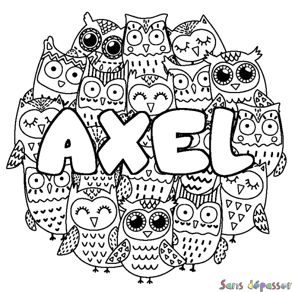 Coloriage pr&eacute;nom AXEL - d&eacute;cor Chouettes
