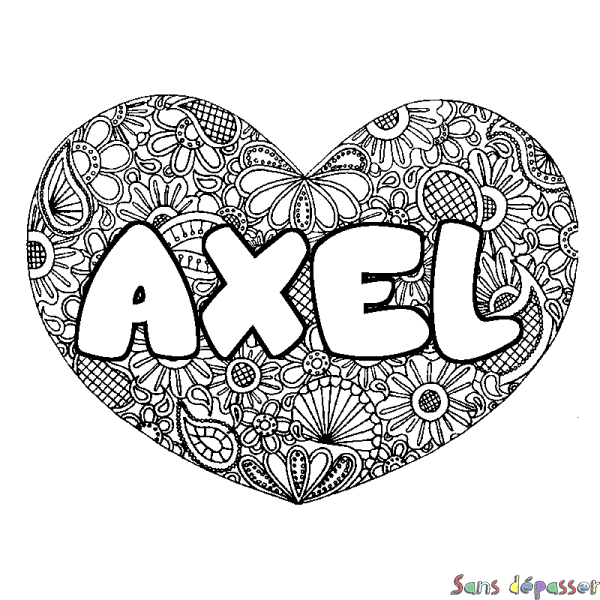 Coloriage pr&eacute;nom AXEL - d&eacute;cor Mandala coeur