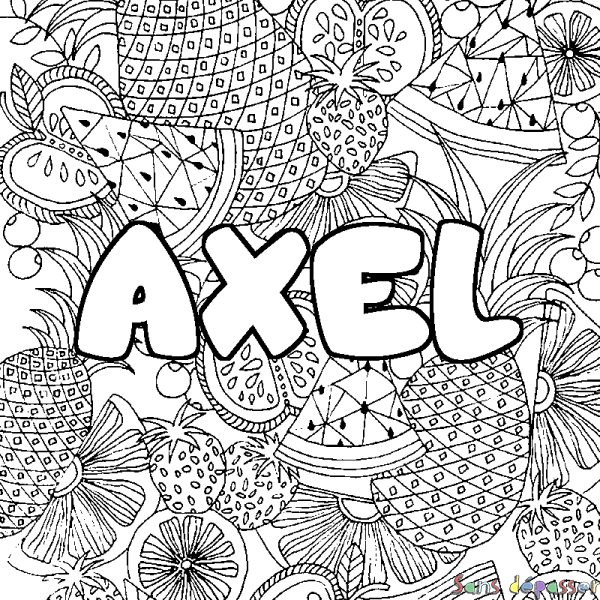 Coloriage pr&eacute;nom AXEL - d&eacute;cor Mandala fruits