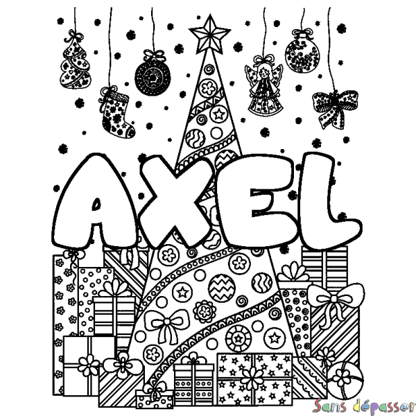 Coloriage prénom AXEL - d&eacute;cor Sapin et Cadeaux