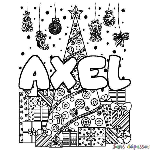 Coloriage pr&eacute;nom AXEL - d&eacute;cor Sapin et Cadeaux