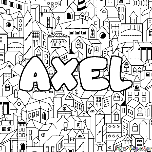 Coloriage pr&eacute;nom AXEL - d&eacute;cor Ville
