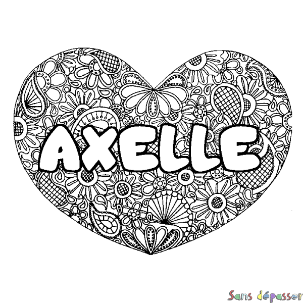 Coloriage prénom AXELLE - d&eacute;cor Mandala coeur