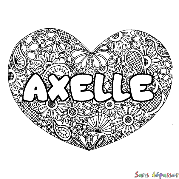 Coloriage pr&eacute;nom AXELLE - d&eacute;cor Mandala coeur