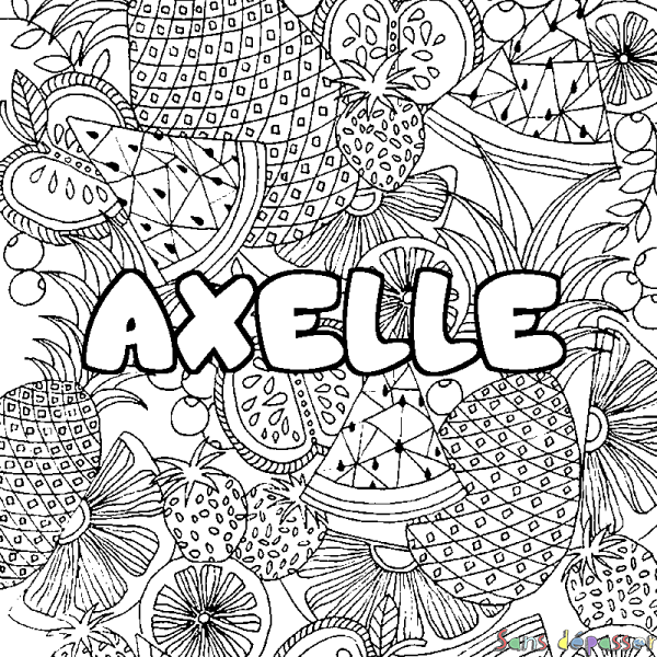 Coloriage pr&eacute;nom AXELLE - d&eacute;cor Mandala fruits