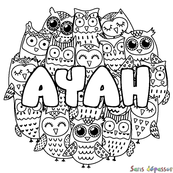 Coloriage pr&eacute;nom AYAH - d&eacute;cor Chouettes
