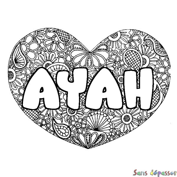 Coloriage pr&eacute;nom AYAH - d&eacute;cor Mandala coeur