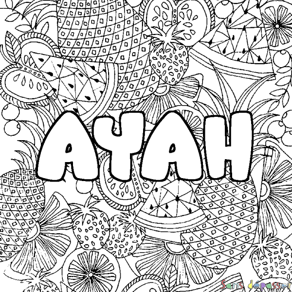 Coloriage pr&eacute;nom AYAH - d&eacute;cor Mandala fruits