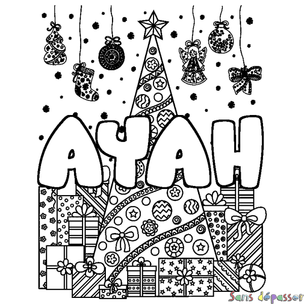 Coloriage pr&eacute;nom AYAH - d&eacute;cor Sapin et Cadeaux