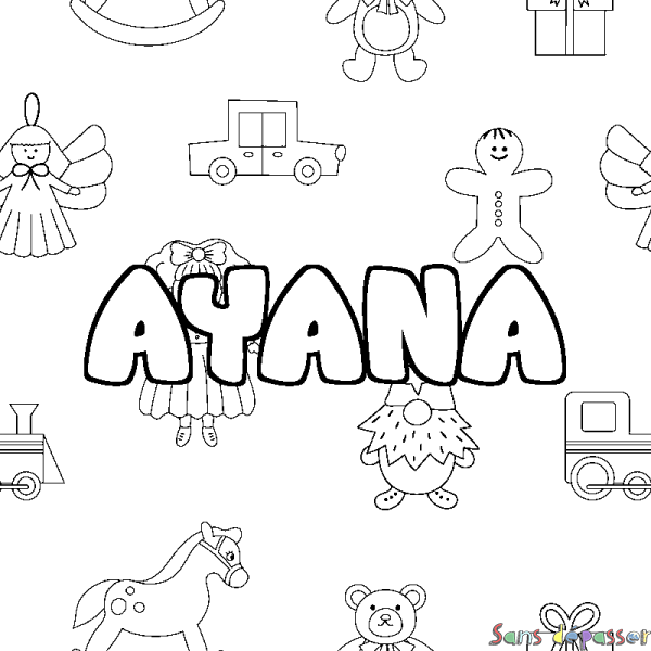 Coloriage pr&eacute;nom AYANA - d&eacute;cor Jouets