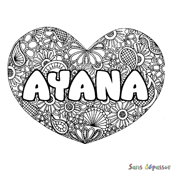 Coloriage prénom AYANA - d&eacute;cor Mandala coeur