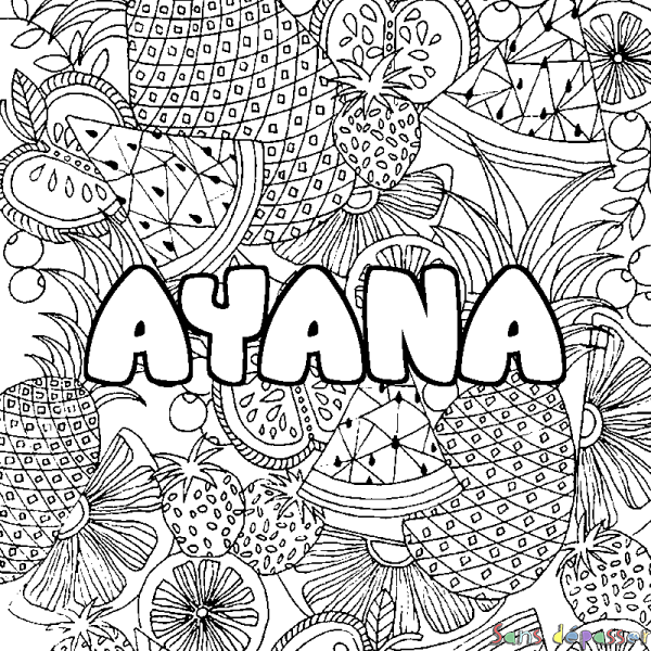 Coloriage pr&eacute;nom AYANA - d&eacute;cor Mandala fruits