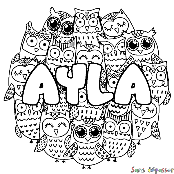 Coloriage pr&eacute;nom AYLA - d&eacute;cor Chouettes