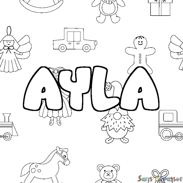 Coloriage pr&eacute;nom AYLA - d&eacute;cor Jouets