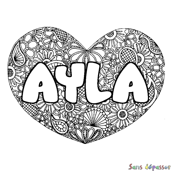 Coloriage pr&eacute;nom AYLA - d&eacute;cor Mandala coeur