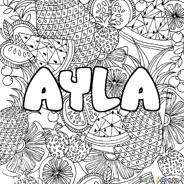 Coloriage pr&eacute;nom AYLA - d&eacute;cor Mandala fruits