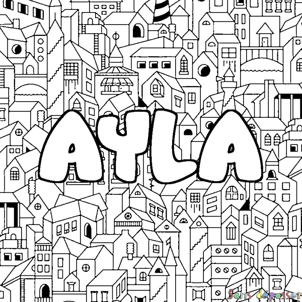 Coloriage pr&eacute;nom AYLA - d&eacute;cor Ville