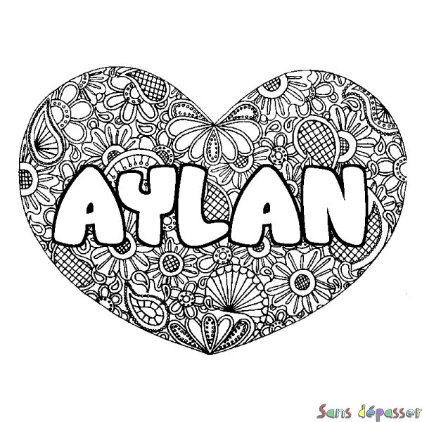 Coloriage pr&eacute;nom AYLAN - d&eacute;cor Mandala coeur