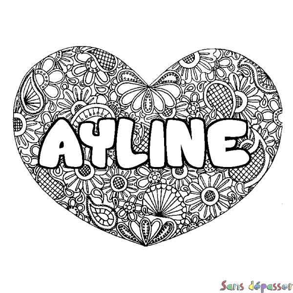 Coloriage pr&eacute;nom AYLINE - d&eacute;cor Mandala coeur