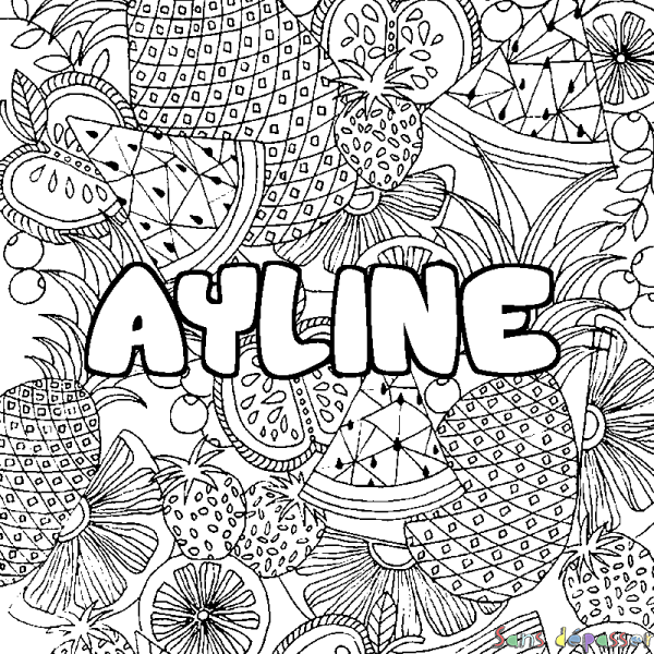 Coloriage pr&eacute;nom AYLINE - d&eacute;cor Mandala fruits