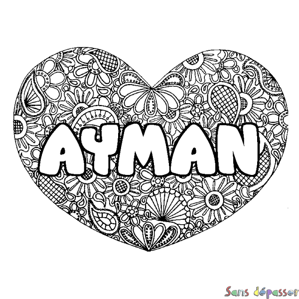 Coloriage pr&eacute;nom AYMAN - d&eacute;cor Mandala coeur