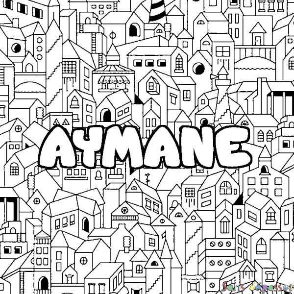 Coloriage pr&eacute;nom AYMANE - d&eacute;cor Ville