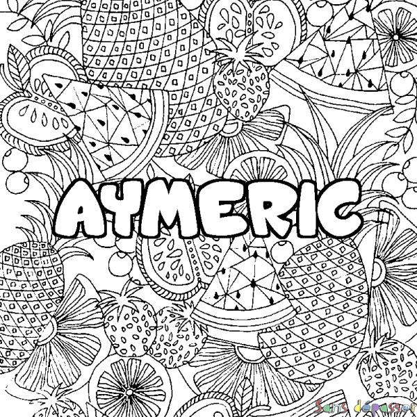 Coloriage pr&eacute;nom AYMERIC - d&eacute;cor Mandala fruits
