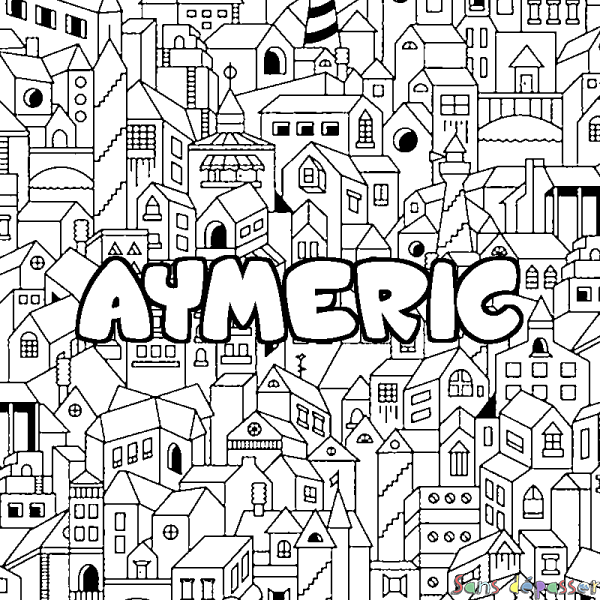 Coloriage pr&eacute;nom AYMERIC - d&eacute;cor Ville