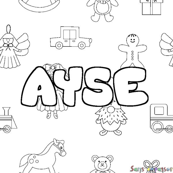 Coloriage pr&eacute;nom AYSE - d&eacute;cor Jouets