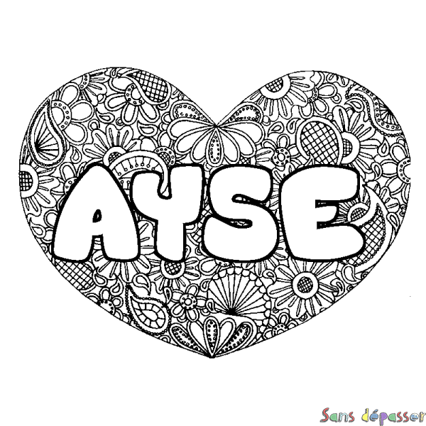 Coloriage pr&eacute;nom AYSE - d&eacute;cor Mandala coeur