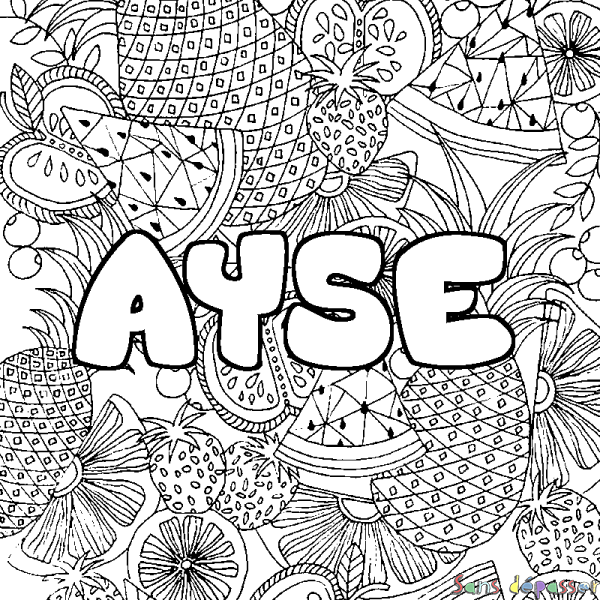 Coloriage pr&eacute;nom AYSE - d&eacute;cor Mandala fruits