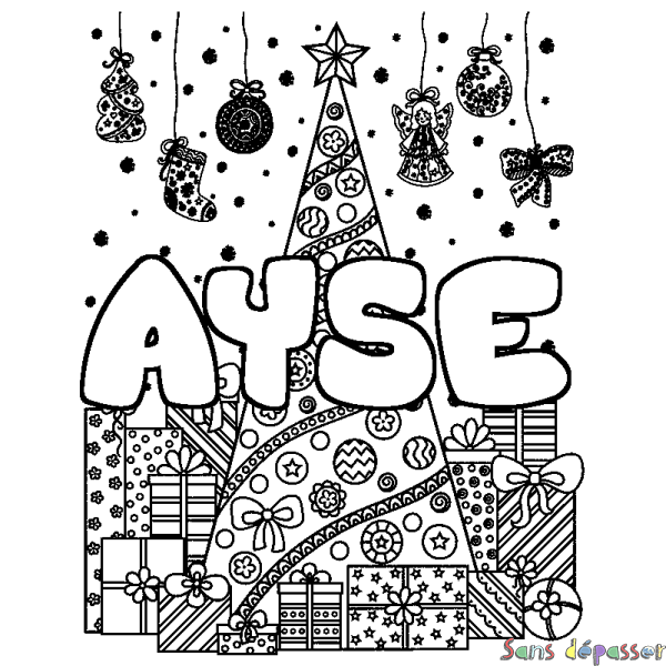 Coloriage prénom AYSE - d&eacute;cor Sapin et Cadeaux