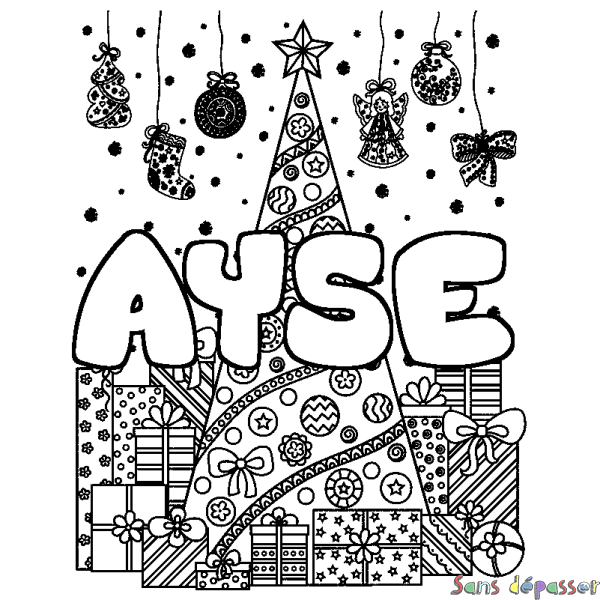 Coloriage pr&eacute;nom AYSE - d&eacute;cor Sapin et Cadeaux