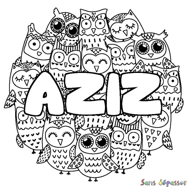 Coloriage pr&eacute;nom AZIZ - d&eacute;cor Chouettes