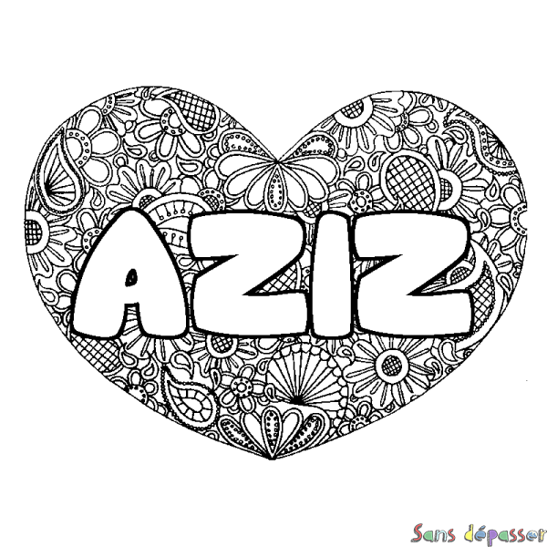 Coloriage prénom AZIZ - d&eacute;cor Mandala coeur