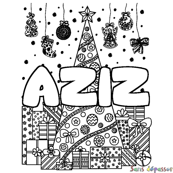 Coloriage prénom AZIZ - d&eacute;cor Sapin et Cadeaux