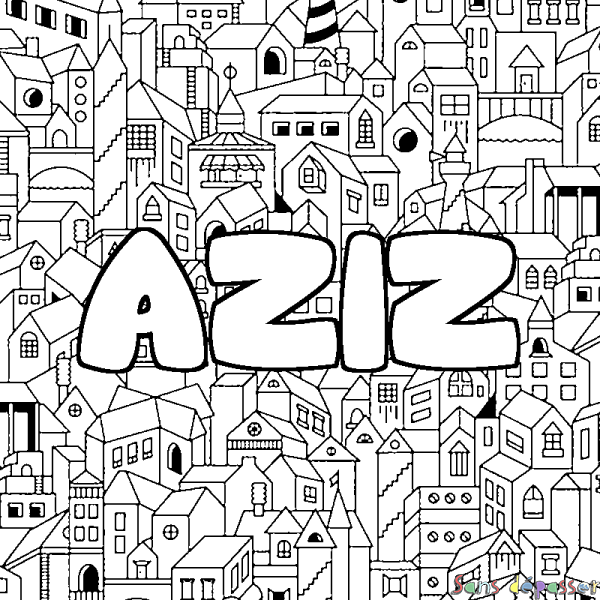 Coloriage prénom AZIZ - d&eacute;cor Ville
