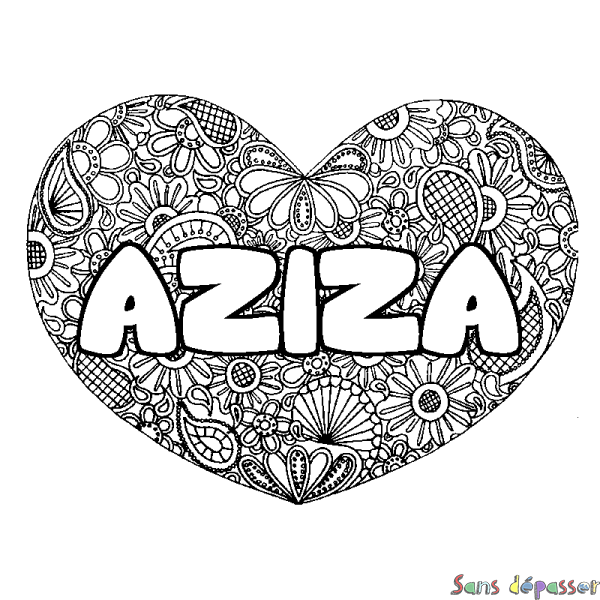 Coloriage prénom AZIZA - d&eacute;cor Mandala coeur