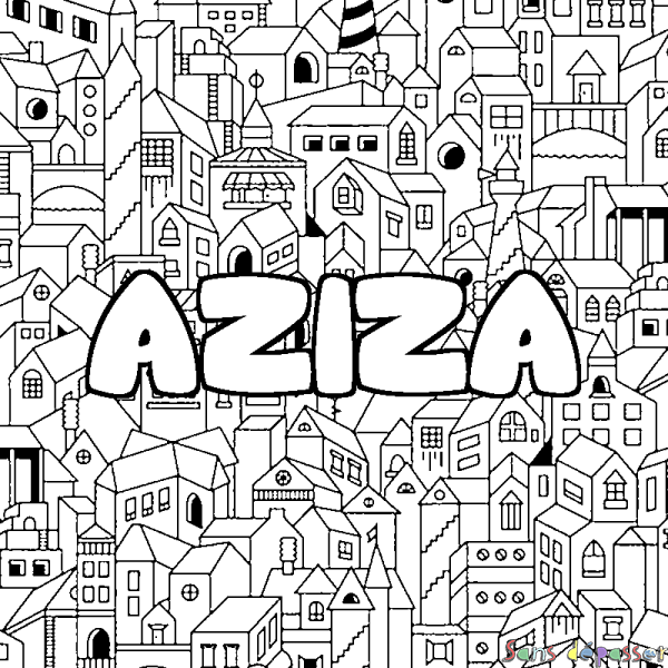 Coloriage prénom AZIZA - d&eacute;cor Ville