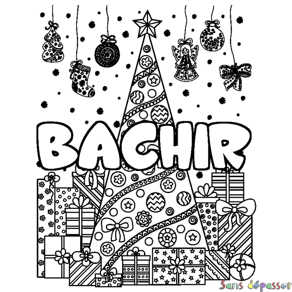 Coloriage prénom BACHIR - d&eacute;cor Sapin et Cadeaux