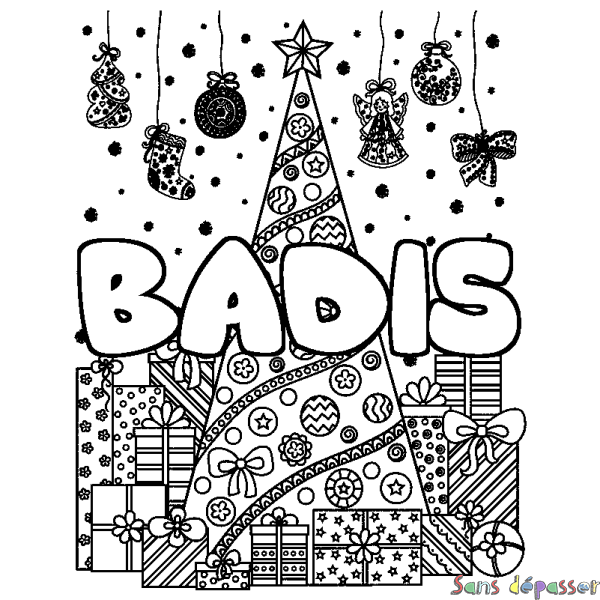 Coloriage prénom BADIS - d&eacute;cor Sapin et Cadeaux