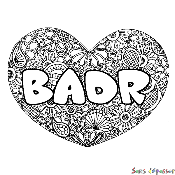 Coloriage pr&eacute;nom BADR - d&eacute;cor Mandala coeur