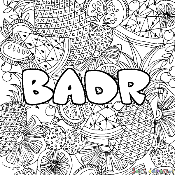 Coloriage prénom BADR - d&eacute;cor Mandala fruits