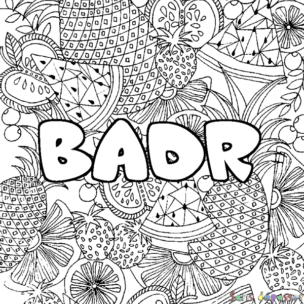 Coloriage pr&eacute;nom BADR - d&eacute;cor Mandala fruits